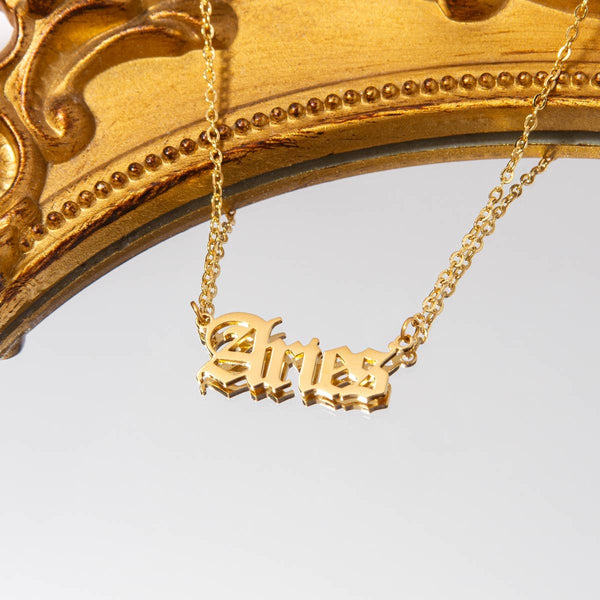 Aries Gold Zodiac Nameplate Necklace